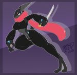  anthro black_body blue_eyes breasts clothed clothing female greninja hi_res holding_object holding_weapon knife ninja nintendo partially_clothed pok&eacute;mon pok&eacute;mon_(species) scar simple_background solo tattoorexy tongue video_games warrior weapon 