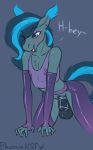  absurd_res anthro balls blush chastity_cage chastity_device clothing dialogue equid equine genitals girly hasbro hi_res male mammal my_little_pony nipple_tape pasties phenyanyanya rosy_firefly shirt simple_background solo tank_top tape topwear 