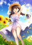  1girl :d absurdres bangs bare_legs blue_sky blunt_bangs braid breasts brown_eyes brown_hair cleavage cloud collarbone day dress feet flower foot_out_of_frame frilled_dress frills hair_flower hair_ornament hand_on_headwear hat highres koki_(latte1023) leaf looking_at_viewer medium_breasts open_mouth original outdoors petals sandals sky smile solo straw_hat sun_hat sundress sunflower toes twin_braids twintails upper_teeth walking white_dress wind wind_lift 