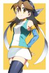  1girl arms_behind_back bandana bangs black_legwear breasts brown_eyes brown_hair closed_mouth commentary_request eyebrows_visible_through_hair eyelashes fingerless_gloves gloves long_hair looking_at_viewer looking_down mint_(pokemon) pokemon pokemon_(game) pokemon_card_gb smile solo thighhighs two-tone_background yuihiko 