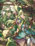 2girls :d :o absurdres character_request circlet dress gloves green_hair hat highres jewelry kuuron_(moesann17) long_hair multiple_girls necklace open_mouth plant pointy_ears puzzle_&amp;_dragons sitting smile tree vines waving witch_hat 