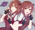  back-to-back bangs black_gloves blush breasts brown_eyes brown_hair debi_tarou dress fang fingerless_gloves gloves grey_background hair_between_eyes idolmaster idolmaster_shiny_colors long_hair medium_breasts mhn my_dear_vampire oosaki_amana oosaki_tenka open_mouth puffy_short_sleeves puffy_sleeves red_dress short_sleeves siblings simple_background sisters skirt smile swept_bangs twins upper_body yellow_eyes 