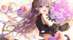  1girl :d amyu_(amm_asl_pa) balloon black_shirt blurry blurry_background blurry_foreground blush bouquet breasts commentary demon_horns detached_sleeves eyebrows_visible_through_hair floating_hair flower from_side hair_between_eyes heart_balloon highres holding holding_bouquet honey_strap horns lace_trim light_purple_hair long_hair medium_breasts mole mole_under_mouth open_mouth pointy_ears purple_eyes saionji_mary shirt smile solo upper_body virtual_youtuber 