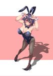  1girl absurdres animal_ears black_footwear blush bow bowtie breasts bunny_ears bunny_girl bunny_tail bunnysuit fake_animal_ears fake_tail hair_ornament high_heels highres kantai_collection large_breasts leotard medium_hair one-eyed pantyhose purple_hair shadow tail tenryuu_(kantai_collection) wrist_cuffs yellow_eyes yuudadou 