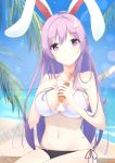  1girl absurdres animal_ears bangs bare_shoulders bikini black_bikini blue_sky blurry blurry_background blush breasts bunny_ears cleavage closed_mouth collarbone commentary day diving_penguin eyebrows_visible_through_hair halter_top halterneck hand_on_own_chest hands_up highres holding large_breasts lavender_hair long_hair looking_at_viewer midriff navel ocean outdoors palm_tree pink_eyes reisen_udongein_inaba side-tie_bikini sidelocks sitting skindentation sky smile solo stomach strap_gap swimsuit touhou tree very_long_hair water white_bikini 