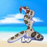  1:1 anthro beach big_butt breasts butt criminalbunnydraws eyes_closed female fish ground_shark hair hi_res kneeling leopard_shark long_tail marine non-mammal_breasts nude seaside shark side_boob solo spots spotted_body spotted_tail touching_hair triakid 