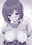  1girl after_paizuri bangs blush breasts breasts_outside collared_shirt cum cum_on_body cum_on_breasts cum_on_upper_body large_breasts leaning_forward looking_at_viewer monochrome necktie nijisanji nipples open_clothes open_mouth open_shirt purple_theme shirt shizuka_rin short_hair short_sleeves skirt smile solo swept_bangs uni8 virtual_youtuber white_shirt 