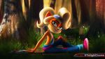  16:9 activision bandicoot blonde_hair breasts clothed clothing coco_bandicoot crash_bandicoot_(series) detailed_background digital_media_(artwork) female forest fur green_eyes hair hi_res humanoid long_hair looking_at_viewer mammal marsupial smile solo topless tree twilightchroma video_games widescreen 