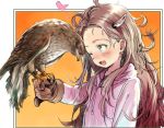  1girl :d bird bird_on_hand blue_eyes blush bosako_(haguhagu) brown_gloves brown_hair falconry fang gloves haguhagu_(rinjuu_circus) hawk heart hood hood_down hoodie horns long_hair long_sleeves one_eye_closed open_mouth original pink_hoodie shiny shiny_hair smile 