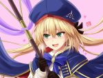  1girl artoria_pendragon_(all) artoria_pendragon_(caster) blonde_hair commentary_request eyebrows_visible_through_hair fate/grand_order fate_(series) gloves green_eyes hair_between_eyes hat haura_akitoshi holding holding_staff long_hair long_sleeves looking_to_the_side open_mouth simple_background smile solo staff upper_body white_background 