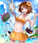  1girl bangs bob_cut bracelet brown_eyes brown_hair clenched_hands cloud commentary_request day eiscue eiscue_(ice) exeggutor flower galarian_corsola galarian_form gen_1_pokemon gen_7_pokemon gen_8_pokemon hair_flower hair_ornament hands_up jewelry navel one_eye_closed open_mouth orange_swimsuit outdoors pincurchin pokemon pokemon_(creature) pokemon_(game) pokemon_swsh pyukumuku setta_shu sky sparkle summer swimsuit teeth tongue wishiwashi wishiwashi_(solo) yuuri_(pokemon) 