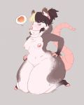  4:5 anthro big_butt blue_eyes blush bottomless breasts butt clothed clothing curvy_figure didelphid facial_piercing female food fruit fur genitals hair hi_res inner_ear_fluff looking_down madokamagayka mammal mane marsupial multicolored_body multicolored_fur multicolored_hair nipples nose_piercing nose_ring peach_(fruit) piercing plant pussy slightly_chubby small_breasts solo speech_bubble thick_thighs tuft voluptuous wide_hips 