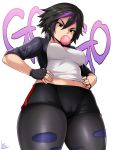  1girl big_hero_6 black_gloves black_hair breasts brown_eyes cameltoe chewing_gum commentary_request disney fingerless_gloves gloves gogo_tomago highres jmg looking_down medium_breasts multicolored_hair pants purple_hair short_hair signature simple_background skin_tight solo thick_thighs thighs tight tight_pants two-tone_hair white_background 