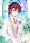  1boy absurdres androgynous bangs blurry blurry_background brown_eyes closed_mouth collared_shirt commentary_request depth_of_field flower formal hair_between_eyes highres huge_filesize jacket layered_sleeves long_sleeves looking_at_viewer low_ponytail male_focus medium_hair mochimori_kusunoki necktie open_clothes open_jacket original pink_flower pink_rose ponytail purple_flower red_hair rose shirt smile solo sweater_vest upper_body white_jacket white_shirt 