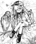  1girl :d backpack bag bandaid bandaid_on_knee baseball_cap bird blush bosako_(haguhagu) glasses greyscale haguhagu_(rinjuu_circus) hat hawk headphones headphones_around_neck heart horns jacket knees_together_feet_apart long_hair long_sleeves looking_at_viewer monochrome open_mouth original outdoors pin shoes sitting sketch smile smiley_face solo very_long_hair 