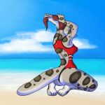  1:1 anthro beach big_butt breasts butt clothing criminalbunnydraws eyes_closed female fish ground_shark hair hi_res holding_hair kneeling leopard_shark long_tail marine non-mammal_breasts seaside shark solo spots spotted_body spotted_tail swimwear touching_hair triakid 
