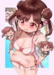  1girl bangs belly_grab bikini blunt_bangs blush bracelet breasts brown_hair chibi chibi_inset chocolate cleavage collarbone double_bun eating food food_themed_bracelet food_themed_hair_ornament food_themed_necklace frilled_bikini frills hair_ornament highres ice_cream idolmaster idolmaster_shiny_colors jewelry macaron medium_breasts medium_hair necklace ofu_dere red_eyes sonoda_chiyoko swimsuit tears twintails wavy_mouth weight_conscious 