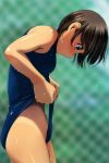  1girl absurdres bangs bare_arms bare_shoulders black_hair blue_swimsuit blurry blurry_background blush chain-link_fence closed_mouth depth_of_field eyebrows_visible_through_hair fence from_side grey_eyes highres lifted_by_self looking_away looking_down matsunaga_kouyou nose_blush one-piece_swimsuit original outdoors profile solo standing swimsuit swimsuit_lift wet wet_hair 