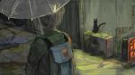  1girl alley backpack bag black_cat cat city diva_(hyxpk) green_jacket highres jacket night original rain sketch solo umbrella 