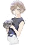  1girl bare_arms baseball_mitt black_shirt brown_eyes brown_hair flat_chest major major_2nd mayumura_michiru nishihara_isao shirt short_hair sketch sleeveless sleeveless_shirt solo sportswear upper_body 