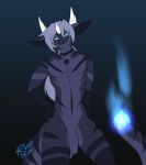  anthro black_body blue_eyes blue_hair claws dragon fire genitals hair hi_res horn male penis simple_background smile solo tattoorexy 