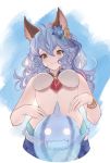  1girl absurdres animal_ears bangs betabeet bikini blue_hair blue_ribbon blue_sky blush bracelet breasts brown_eyes bunny_ears closed_mouth cloud day erune eyebrows_visible_through_hair ferry_(granblue_fantasy) ghost granblue_fantasy hair_between_eyes hair_ribbon highres jewelry long_hair looking_at_viewer medium_breasts outdoors ponytail ribbon single_earring sky solo swimsuit wavy_hair white_bikini 