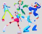  1boy 3girls :d :| \n/ alice_ip babahara_ronpei baggy_pants bangs baseball_cap beanie black_gloves blue_eyes blue_gloves blue_hair blue_hoodie blush_stickers bodysuit brown_footwear character_request charmy_anderson closed_mouth commentary crop_top dance_dance_revolution dancing denim elbow_gloves fingerless_gloves from_behind gloves green_bodysuit green_hair green_pants grey_background hair_over_one_eye hand_up hands_up hat headset holding_rattle hood hoodie id_card inline_skates knee_pads konsento_(dance_dance_revolution) lanyard long_hair looking_at_viewer looking_back looking_down midriff mismatched_gloves mismatched_sleeves multiple_girls neon_trim one_eye_closed one_eye_covered open_mouth orange_hair outstretched_arms pants pants_rolled_up pink_shorts pumpkin_pants purple_hair rattle rebekah_jin red_footwear robot roller_skates shoes short_hair short_sleeves shorts sidelocks signature simple_background skates smile sneakers standing standing_on_one_leg star_(symbol) striped striped_pants striped_wristband suspenders sweatband sweatpants swept_bangs symbol_commentary toshiba_emi twintails twitter_username w white_footwear white_headwear wristband 