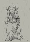  2019 3_toes 4_fingers anthro armor bottomless claws clothed clothing crestfallenartist ear_piercing ear_ring female fingers floppy_ears genitals grey_background greyscale hi_res holding_object holding_sword holding_weapon horn horn_ring kobold melee_weapon monochrome piercing plate_armor pussy raining scalie signature simple_background solo sword tail_ring toe_claws toes topwear weapon 