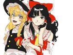  2girls :d arm_at_side arm_hug arm_on_shoulder ascot bangs bare_shoulders black_eyes black_hair black_vest blonde_hair blush bow braid buttons closed_mouth collared_shirt detached_sleeves frilled_bow frilled_shirt_collar frills from_side hair_between_eyes hair_bow hair_tubes hakurei_reimu hand_on_own_arm hat hat_bow holding_arm hug kirisame_marisa kuya_(hey36253625) long_hair long_sleeves looking_at_another looking_to_the_side multiple_girls open_mouth puffy_sleeves red_bow red_ribbon red_shirt ribbon ribbon-trimmed_shirt ribbon-trimmed_sleeves ribbon_trim shirt side_braid sidelocks simple_background sketch sleeveless sleeveless_shirt smile touhou turtleneck vest white_background white_bow white_ribbon white_shirt wide_sleeves witch_hat yellow_eyes yellow_neckwear 