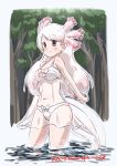  1girl arms_behind_back bare_shoulders black_eyes bow bow_panties dated day kemono_friends lingerie long_hair looking_at_viewer mexico_salamander_(kemono_friends) navel negligee outdoors panties pink_scrunchie salamander_tail scrunchie see-through smile solo tail tree twitter_username underwear wading water white_bow white_hair white_panties wrist_scrunchie yonaka-nakanoma 