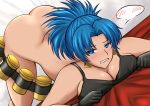  1girl ass bed_sheet belt black_tank_top blue_eyes blue_hair blush breast_press breasts butt_crack cleavage doggystyle earrings gas_can high_ponytail huge_breasts jewelry leona_heidern ponytail sex sex_from_behind shy soldier solo speech_bubble tank_top the_king_of_fighters thighhighs zaogao_xiaotu 