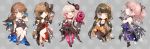  5girls :d bangs black_dress black_gloves black_hair blue_butterfly blue_eyes blunt_bangs blush bow brown_hair bug butterfly butterfly_hair_ornament character_request chibi closed_mouth commentary_request cup dress drinking_glass elbow_gloves eyelashes fingerless_gloves flower girls_frontline gloves hair_bow hair_flower hair_ornament hand_up holding holding_cup insect long_hair multicolored_hair multiple_girls open_mouth orange_eyes outstretched_arms pantyhose pink_hair pink_legwear red_eyes smile star_(symbol) streaked_hair tied_hair white_hair wine_glass zuizi 