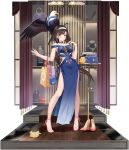  1girl ahoge anchor_hair_ornament animal atdan azur_lane bag bald_eagle bare_arms bare_legs bare_shoulders bird black_choker black_hair blue_dress breasts chick choker curtains dress eagle full_body glasses gradient gradient_dress hair_ornament hairband hand_up handbag high_heels highres independence_(azur_lane) independence_(the_independent_line)_(azur_lane) large_breasts long_hair looking_at_viewer low_ponytail manjuu_(azur_lane) necktie off-shoulder_dress off_shoulder official_art paper_bag pelvic_curtain red_eyes revealing_clothes sandals side_cutout smile solo standing table thighs transparent_background very_long_hair 