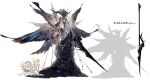  1girl absurdres dako6995 feathered_wings full_body grey_skin highres holding holding_weapon multiple_wings navel original polearm simple_background solo standing tagme weapon white_background wings 