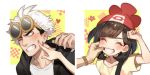  1boy 1girl bangs beanie black_hair blush cheek_poking cheek_pull closed_eyes collarbone commentary_request eyelashes eyewear_on_head guzma_(pokemon) hat mizuki_(pokemon) one_eye_closed pokemon pokemon_(game) pokemon_sm poking red_headwear shirt short_sleeves star_(symbol) sunglasses teeth white_hair yellow_shirt zuizi 