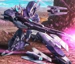  amasaki_yusuke armor cloud firing glowing glowing_eyes gun gundam gundam_build_divers gundam_build_divers_re:rise laser_beam mountain rifle rock sky sniper sniper_rifle squatting uraven_gundam weapon 