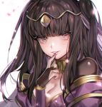  1girl bangs black_hair blunt_bangs blush bodysuit breasts circlet cleavage commentary_request eyelashes finger_to_mouth fire_emblem fire_emblem_awakening long_hair looking_at_viewer nail_polish petals pink_nails solo tharja_(fire_emblem) tied_hair upper_body white_background zuizi 