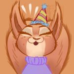  1:1 2019 ambiguous_gender anthro brown_background bust_portrait clothed clothing eyes_closed hat headgear headwear juantriforce low_res mammal open_mouth open_smile party_hat portrait qalcove_(character) rodent sciurid simple_background smile solo sweater topwear 