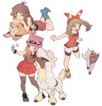  3girls bike_shorts black_footwear black_legwear blue_(pokemon) blue_eyes blush bow_hairband brown_hair cellphone closed_eyes commentary_request eyewear_on_headwear furfrou furfrou_(debutante) gen_1_pokemon gen_3_pokemon gen_6_pokemon growlithe hairband haruka_(pokemon) holding holding_phone long_hair multiple_girls one_eye_closed open_mouth phone pink_headwear pleated_skirt pokemon pokemon_(creature) pokemon_(game) pokemon_frlg pokemon_oras pokemon_xy poochyena red_hairband red_skirt red_tank_top self_shot serena_(pokemon) shoes shorts skirt socks sunglasses tank_top thighhighs white_background zuizi 