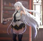  1girl azur_lane belt black_belt black_legwear black_neckwear breasts collared_shirt commentary_request cup cupboard enterprise_(azur_lane) eyebrows_visible_through_hair feet_out_of_frame hey_taishou highres holding holding_cup indoors large_breasts long_hair miniskirt necktie purple_eyes shirt silver_hair skirt sleeveless sleeveless_shirt smile solo thighhighs underbust window 