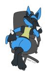  ambiguous_gender americofoxy anthro chair flat_colors furniture lucario nintendo pok&eacute;mon pok&eacute;mon_(species) simple_background solo spikes spikes_(anatomy) text video_games 