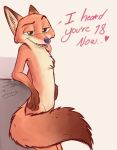  &lt;3 2018 anthro canid canine cheek_tuft convenient_censorship dialogue disney english_text facial_tuft fluffy fluffy_tail fox fur green_eyes half-closed_eyes head_tuft inner_ear_fluff juantriforce male mammal narrowed_eyes nick_wilde nude open_mouth open_smile orange_body orange_fur red_fox signature simple_background smile solo tail_censorship teeth text tuft zootopia 