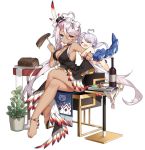  2girls :d ^_^ ahoge arm_hug armpits azur_lane bare_arms bare_shoulders barefoot black_choker black_dress black_headwear blue_eyes bottle bow breasts chair chibi choker cleavage closed_eyes dark_skin dress facial_mark feathers food fork hair_between_eyes hair_bow hat heart_ahoge heterochromia highres holding horns indianapolis_(azur_lane) indianapolis_(the_light_of_circle_city)_(azur_lane) large_breasts long_hair looking_at_viewer mini_hat multiple_girls official_art open_mouth plant plantar_flexion portland_(azur_lane) potted_plant saru side_ponytail silver_hair sitting sleeveless sleeveless_dress smile spaghetti_strap steak strap_gap thighs transparent_background tray very_long_hair wine_bottle yellow_eyes 
