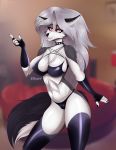  absurd_res anthro breasts canid canine canis clothing ear_piercing ear_ring ellynet female hair helluva_boss hi_res loona_(vivzmind) mammal panties piercing solo tongue tongue_out underwear wolf 