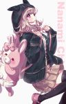  1girl animal_hood backpack bag black_hoodie black_legwear bow breasts bunny cat_hood danganronpa eyebrows_visible_through_hair eyelashes flipped_hair from_side gamja_n_dg hair_ornament highres hood hoodie looking_at_viewer medium_breasts medium_hair monomi_(danganronpa) nanami_chiaki parted_lips pink_bow pink_eyes pink_footwear pink_hair pleated_skirt ribbon school_uniform shiny shiny_hair shirt skirt smile super_danganronpa_2 thighhighs white_background 