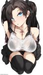  1girl bare_shoulders black_hair blue_eyes bow breasts cross cross_necklace fate/stay_night fate_(series) hair_bow hair_ornament highres jewelry kilalesi kneeling large_breasts long_hair looking_at_viewer necklace open_mouth simple_background skirt solo thighhighs thighs tohsaka_rin 