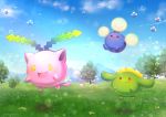  butterfly cat_smile clouds fukaya_miku grass hoppip jumpluff nobody pokemon scenic skiploom sky watermark 