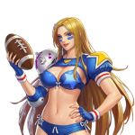  1girl bikini blonde_hair blue_eyes breasts brian_battler cleavage facepaint fingerless_gloves football genderswap genderswap_(mtf) gloves hair_ornament long_hair midriff navel official_art shoulder_pads swimsuit the_king_of_fighters_all-stars 