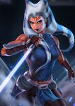  1girl abs ahsoka_tano alien blue_eyes breasts brown_gloves clenched_hands dandon_fuga dual_wielding energy_sword gloves highres holding jedi jedi_knight lightsaber lipstick looking_at_viewer makeup orange_skin star_wars star_wars:_the_clone_wars sword togruta weapon 