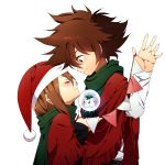  1boy 1girl bad_id bad_pixiv_id blush brother_and_sister brown_eyes brown_hair cape christmas closed_eyes closed_mouth digimon digimon_adventure eyebrows_visible_through_hair facing_another from_side green_scarf hat highres holding long_hair looking_at_another maro_(lij512) red_cape santa_hat scarf shirt siblings simple_background smile snow_globe string string_around_finger string_of_fate string_of_flags upper_body white_background white_shirt yagami_hikari yagami_taichi 